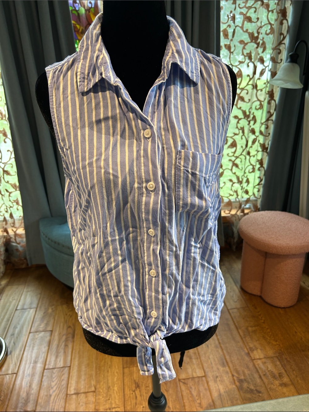 beachlunchlounge Blue and White Striped Tie-Front Sleeveless Button-Down